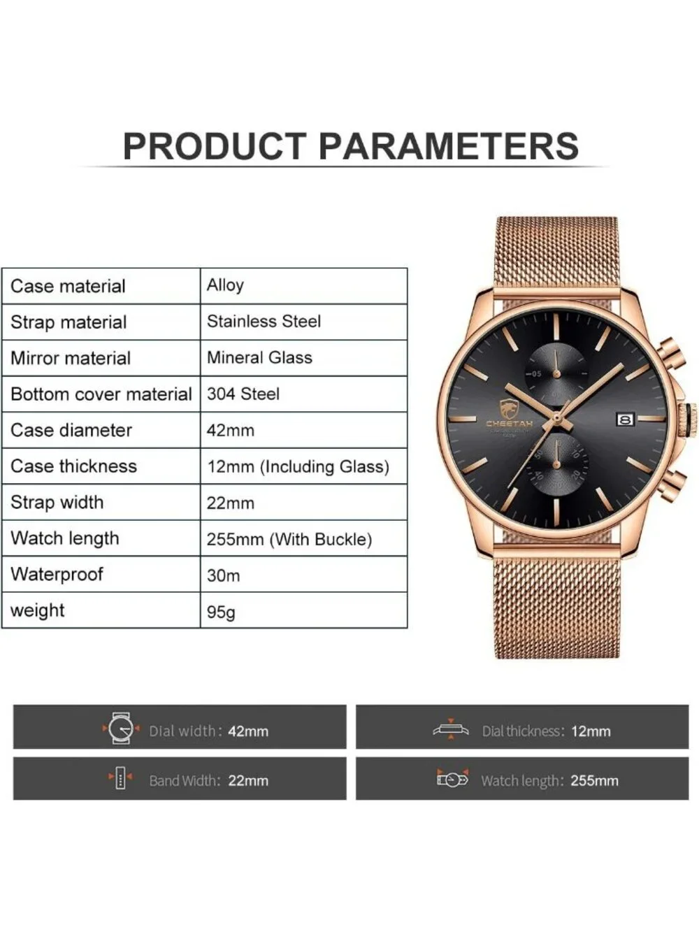 Men's Rose Gold Black Mesh Stainless Steel Minimalist Analog Chronograph Watch